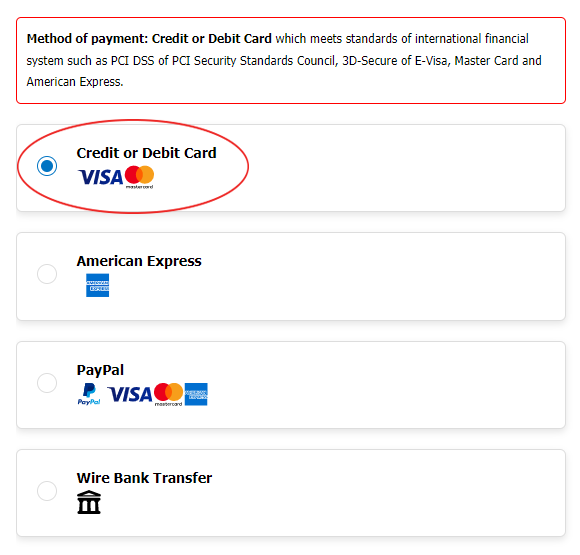 Payment through via Credit/Debit Card (Visa/MasterCard/AMEX)