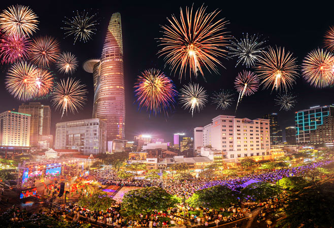 Fireworks light up sky during Vietnam Lunar New Year at downtown of Ho Chi Minh City